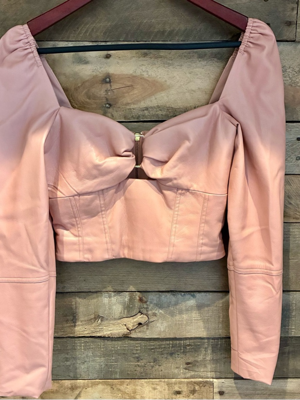 Feminine Blush Pink Puff Sleeve Vegan Leather Crop Top